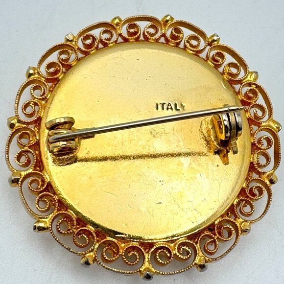 Vtg Italian Gold-Tone Micro Mosaic Floral Brooch Intricate Tesserae Filigree - Picture 4 of 7